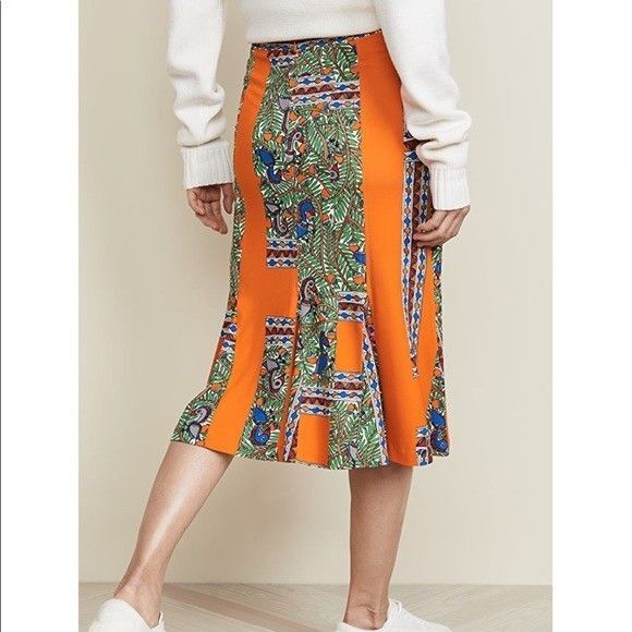 TORY BURCH Jada Skirt Orange Bird Jungle Gored Something Wild Stripe SIZE MEDIUM - Picture 5 of 13